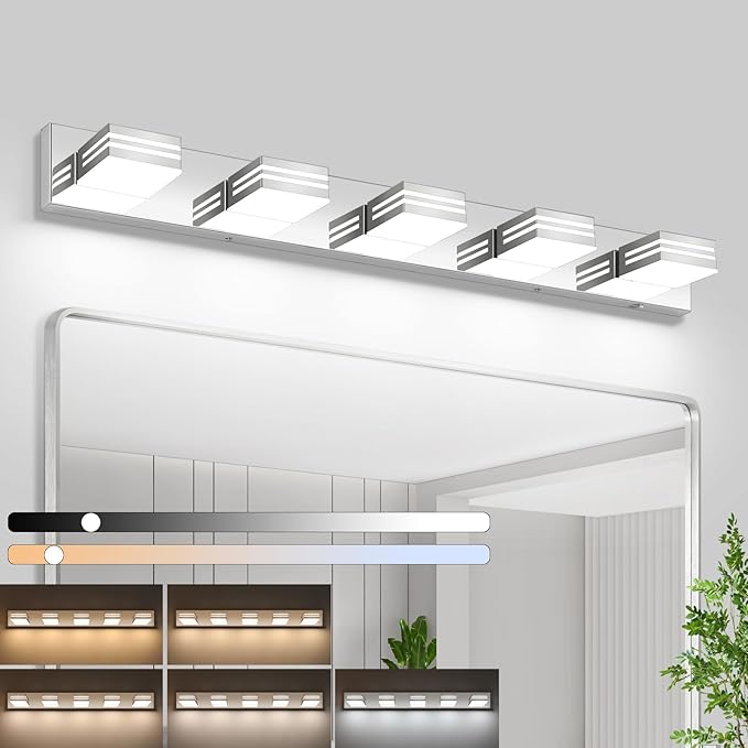 LED Modern Bathroom Vanity Light Fixtures (5-Light, 40-Inch)(5CCT, Dimmable), Chrome Modern Bathroom Wall Lighting Fixtures Over Mirror (3000K/3500K/4000K/5000K/6000K)