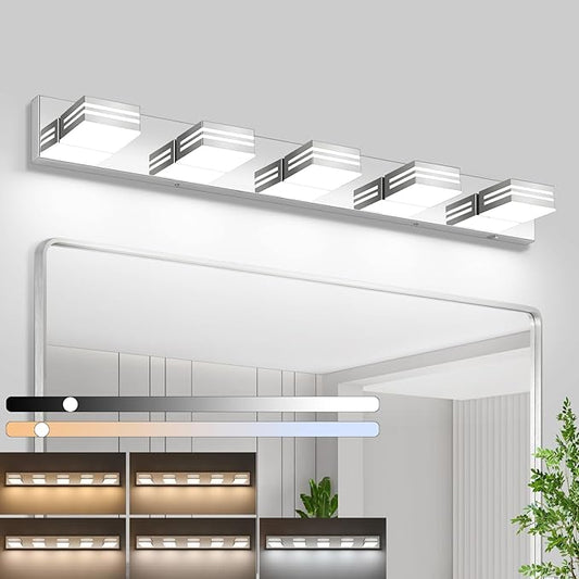 LED Modern Bathroom Vanity Light Fixtures (5-Light, 40-Inch)(5CCT, Dimmable), Chrome Modern Bathroom Wall Lighting Fixtures Over Mirror (3000K/3500K/4000K/5000K/6000K)