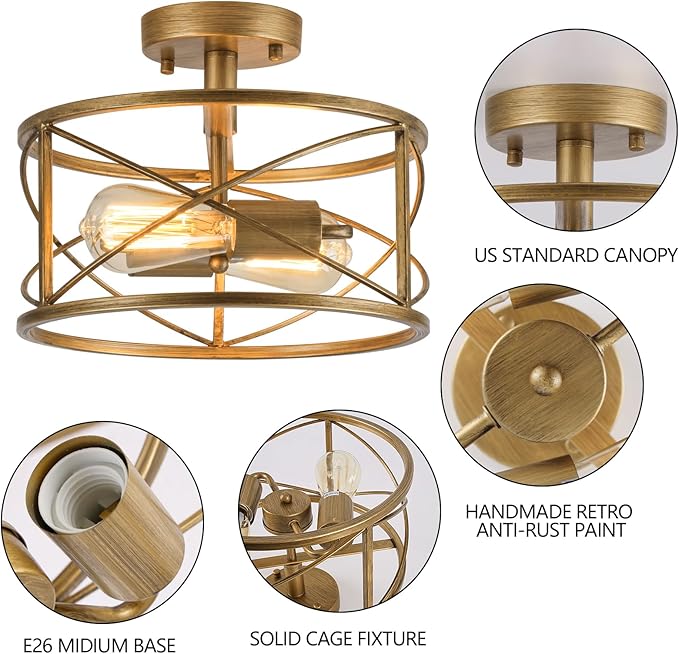 Brushed Gold Semi Flush Ceiling Light Fixture, 2-Light Farmhouse Flush Mount Light Fixture, Modern Industrial Metal Cage Pendant Lighting for Hallway, Bedroom, Kitchen, Foyer, Living Room, Dining Room