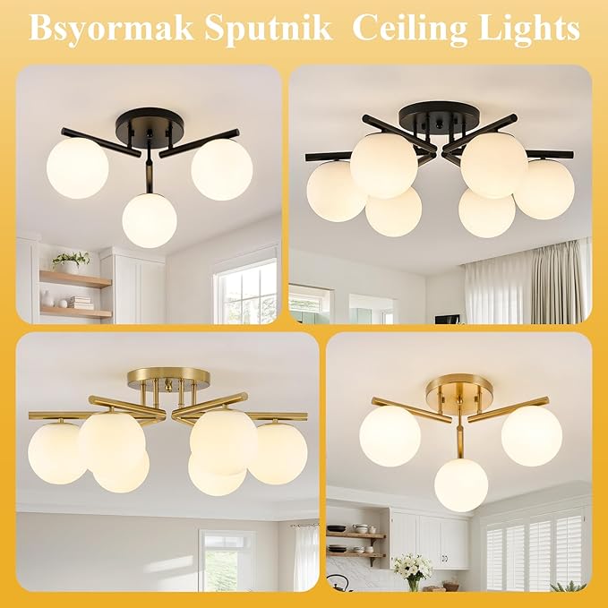 3 Light Modern Sputnik Semi Flush Mount Ceiling Light, Black Sputnik Ceiling Light Fixture, 21.65 '' Milky Glass Globe Mid Century Modern Ceiling Lights for Bedroom Hallway Living Room