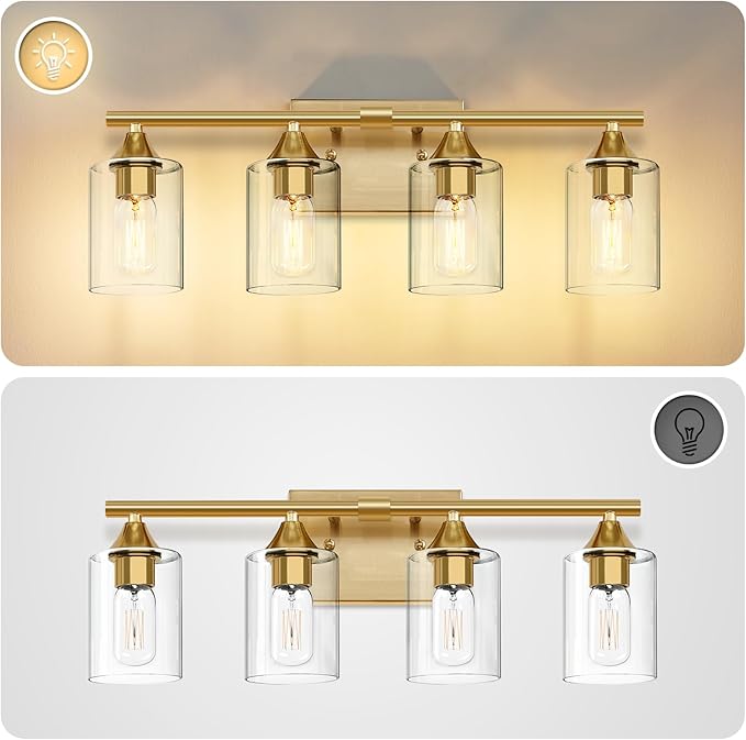 Brushed Gold Vanity Light,4 Light Gold Bathroom Light Fixtures,Bathroom Lights Over Mirror with Clear Glass Shade,Modern Wall Lighting for Mirror Bedroom Vanity Hallway