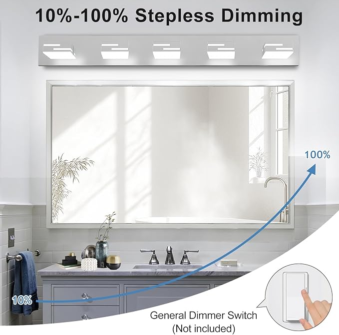 LED Modern Bathroom Vanity Light Fixtures, 5-Light 34-inch Dimmable Chrome Vanity Lights for Bathroom Lighting Fixtures Over Mirror, with 360° Rotatable Heads (Cool White 6000K)