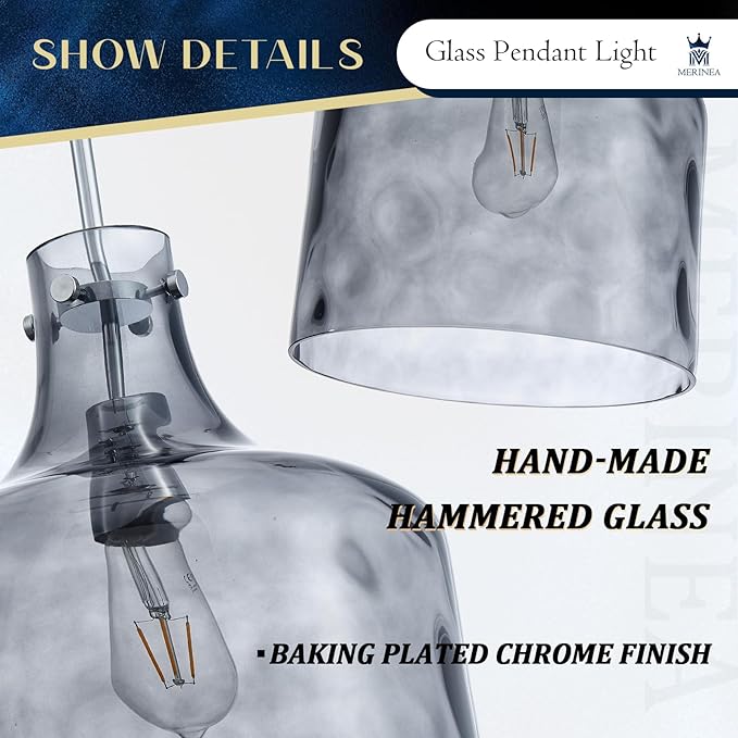 Farmhouse Pendant Light – Hand-Blown Smoked Gray Hammered Glass Shade, Polished Chrome Finish, E26 Socket, Adjustable Chain Hanging Fixture for Kitchen Island, Dining Room & Hallway, 15" H x 12" D