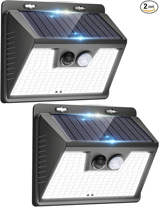 Peasur 2 Pack Solar Lights Outdoor Motion Sensor, 140 LED Solar Powered Fence Wall Light Waterproof, 3 Modes Solar Security Lighting for Outside Yard Deck Garden Stair Step