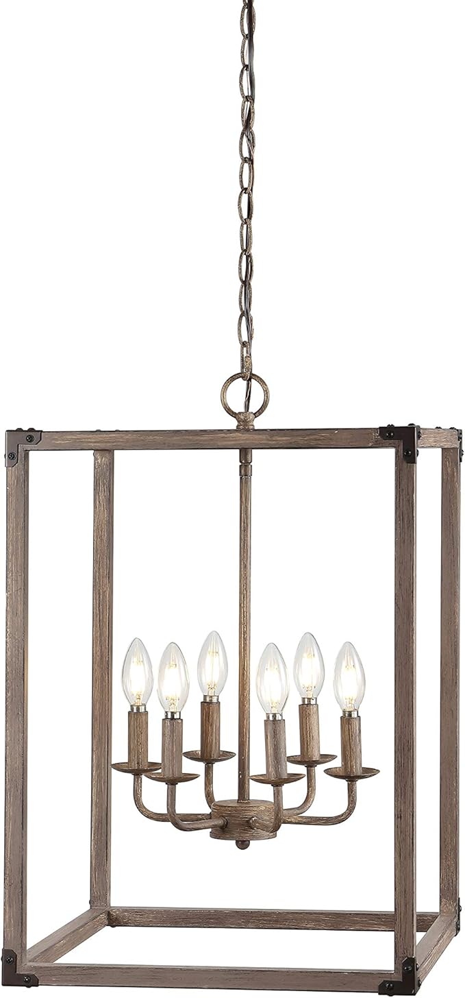 JONATHAN Y 16" Brown Rustic Farmhouse 6-Light LED Pendant, Adjustable Iron Lantern Chandelier for Kitchen Island, Barnwood Wood Grain Finish (JYL7476A)