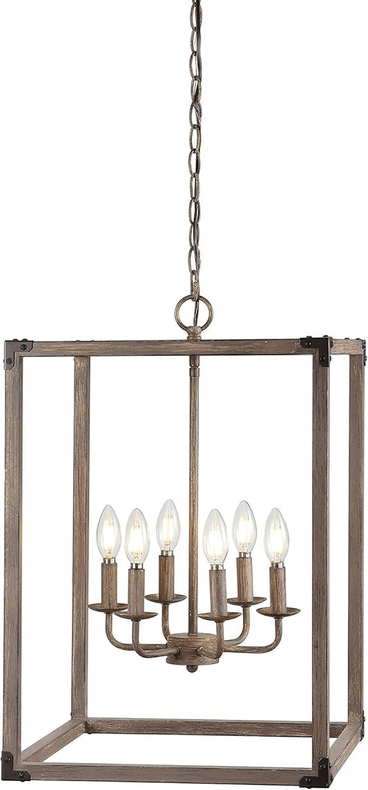 JONATHAN Y 16" Brown Rustic Farmhouse 6-Light LED Pendant, Adjustable Iron Lantern Chandelier for Kitchen Island, Barnwood Wood Grain Finish (JYL7476A)