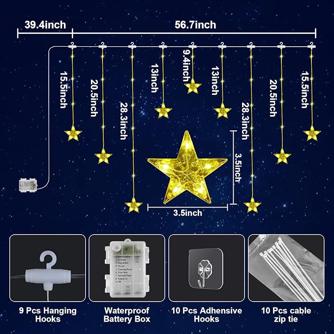 GLOONITY Fairy Lights for Festive Decoration, LED String Lights, IP65 Waterproof 9 Stars Curtain Lights Battery Operated with Timer 8 Mode, Warm White LED Lamps for Outdoor Use