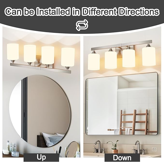 ZHU YAN Brushed Nickel Vanity Lights,4-Light Bathroom Light Fixtures,Milky White Glass Shades Wall Lamp,E26 Socket Vanity Lights Fixtures,Bathroom Lighting Fixtures Over Mirror