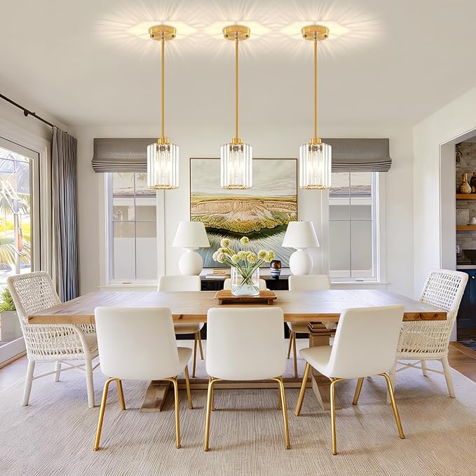 3-Pack Brushed Gold Pendant Lights Kitchen Island Modern Crystal Hanging Pendant Light Hexagonal Mini Chandelier Adjustable Hanging Kitchen Lights for Dining Room Hallway Bedroom Entryway Pendant Lamp