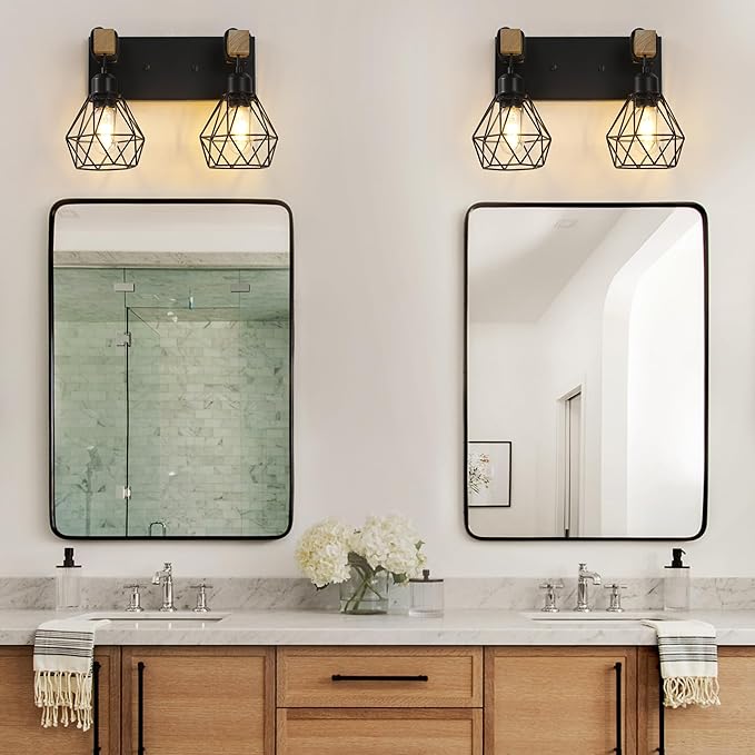 Farmhouse Vanity Light for Bathroom, 2-Light Wood Bathroom Vanity Light Fixtures Over Mirror, Rustic Sconces Wall Lighting with Metal Lampshade for Living Room, Bedroom, Hallway