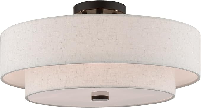 Livex Lighting 51085-92 4-Light Semi Flush Mount Ceiling Fixture with Oatmeal Color Fabric Hardback Drum Shade and Satin White Diffuser, English Bronze