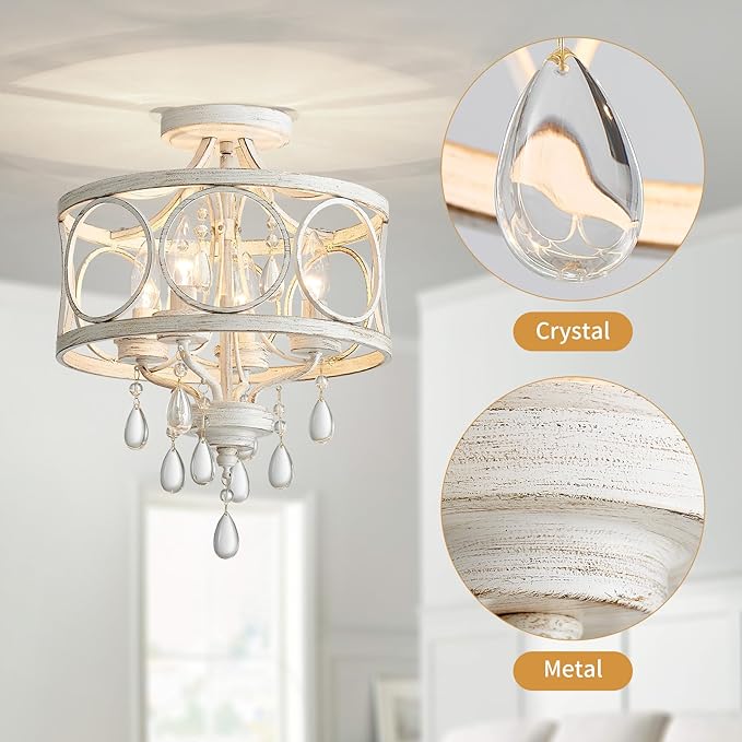 Crystal Ceiling Light Fixture, Modern Semi Flush Mount Ceiling Light, 4-Light White Round Crystal Chandelier Hallway Lighting Fixtures for Bedroom Bathroom Foyer Entryway Dining Room Kitchen