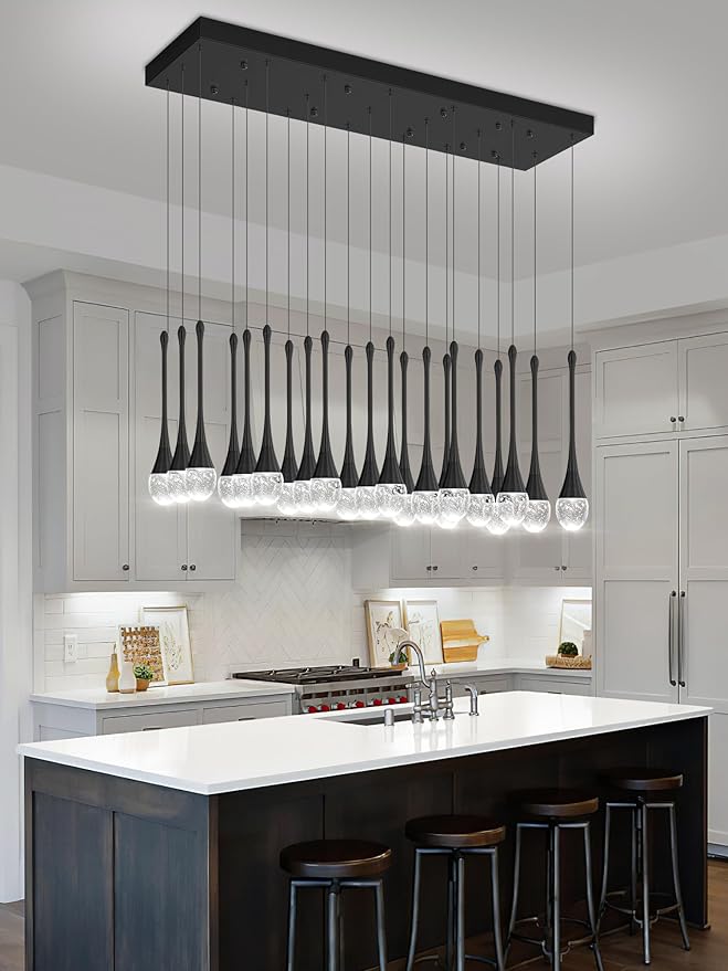 ykolupty 24-Lights Rectangular Chandelier Crystal Raindrop Chandeliers Flush Mount Ceiling Light for Dining Room Living Room High Ceiling Chandelier for Staircase Foyer Entryway Black Chandeliers