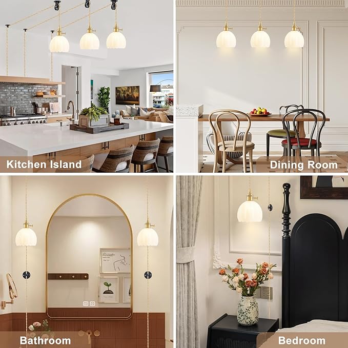 2 Pack Plug in Pendant Light Fixtures, Hanging Light Fixture Vintage Glass Pendant Light, Mini Milk White Tulip Hanging Lamp, Pendant Lighting for Kitchen Island, Bedroom, Dining Room, Living Room