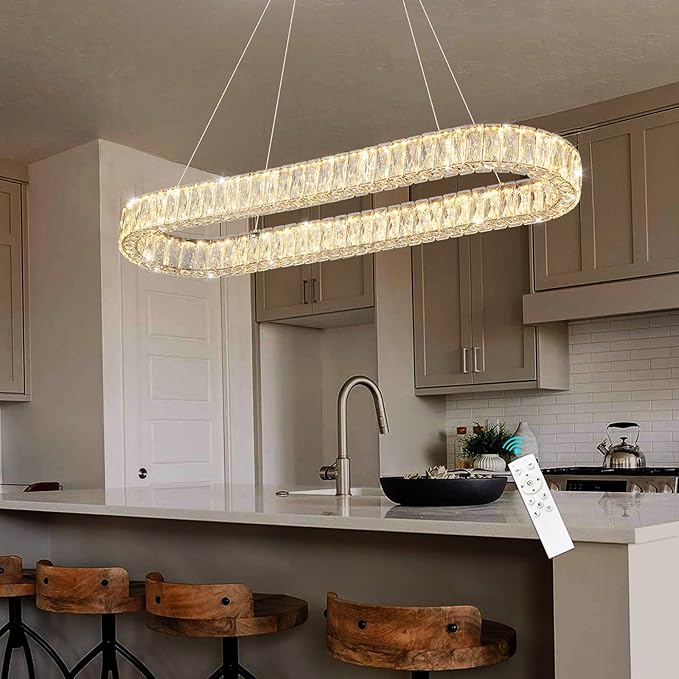 HAIXIANG LED Long Chandeliers for Dining Table Modern Chandelier Dimmable Pendant Lights Crystal Rectangular Glam Lighting Fixtures for Dining Room Kitchen Island Gold