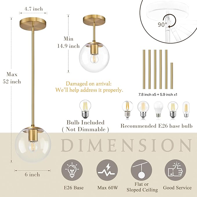 Bagood 6 Inch Globe Pendant Light Gold Mid Century Pendant Light Contemporary Globe Pendant Lights Kitchen Island Clear Glass with Brass Finish Adjustable Hanging Light Fixture for Kitchen Island
