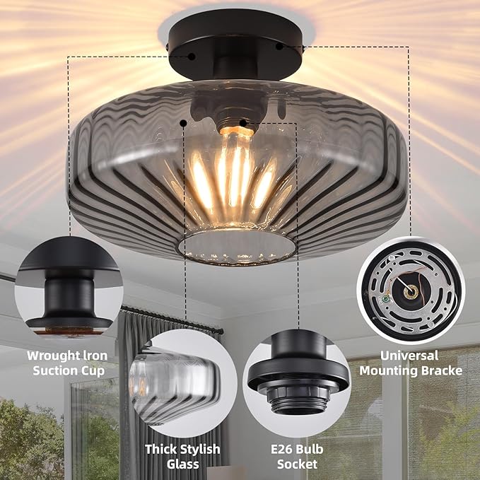 Semi Flush Mount Ceiling Light, 11.8 Inch Smoke Grey Glass Ceiling Light Fixture, Farmhouse Hallway Lighting Fixtures for Kitchen, Foyer, Bedroom, Bathroom, Dining room, E26 Base (Bulb Not Included)