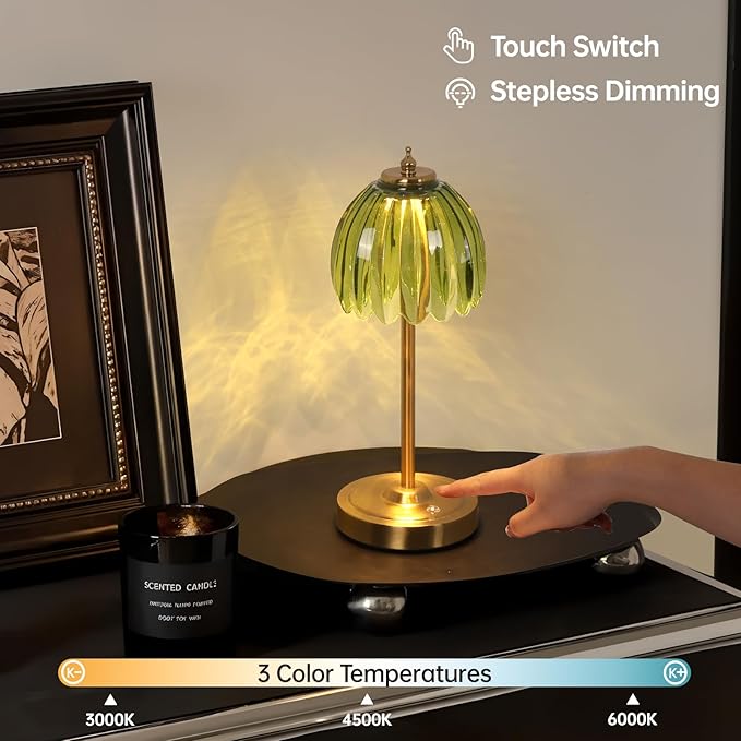 Shenmoyl Set of 2 Tulip Table Lamp with 5000mAh Battery & Touch Control, Cordless Table Lamp with 3 Colors, Dimmable Rechargeable Table Lamps for Bedroom, Living Room, Entryways (Green Tulip)