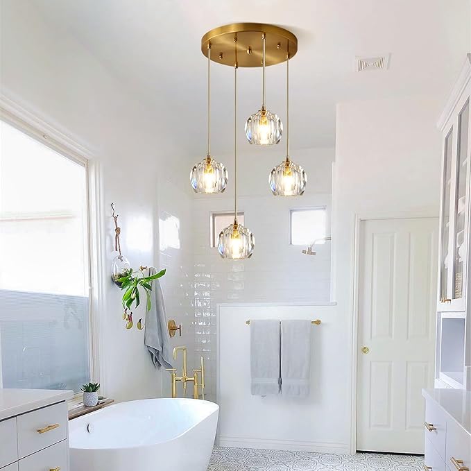 Gold Crystal Pendant Light Mid Century Modern 4-Lights Cluster Pendant Lighting Anti Brass Adjustable Hanging Ceiling Light Vintage Round Kitchen Island Chandelier Light Fixture