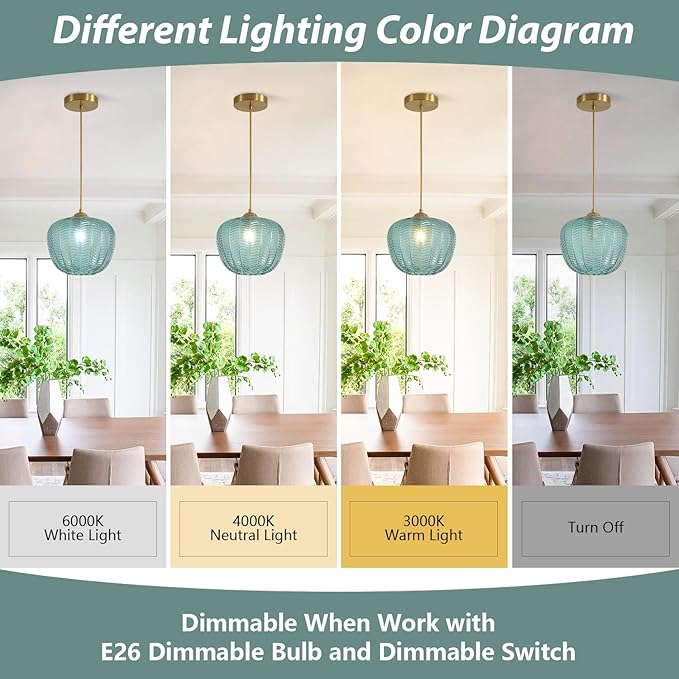 KCO Lighting Vintage Green Glass Pendant Light Gold Globe Pendant Lights Mid Century Modern Hanging Light Retro Pendant Light Fixtures
