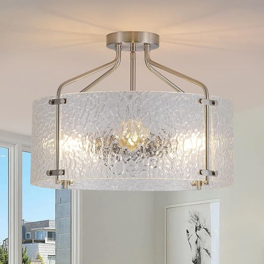 Semi Flush Mount Ceiling Light Fixture,Glass Drum Kitchen Lighting Fixtures Ceiling,18''Brushed Nickel Modern Light Fixture Chandelier,5-Light Foyer Lighting Fixtures for Bedroom Hallway Foyer Porch