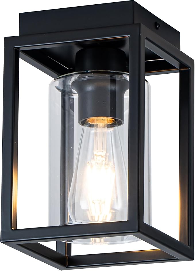 Mayful Flush Mount Ceiling Light Fixture with Clear Glass Shade, Farmhouse Black Metal Frame Light Fixture for Kitchen Island Entryway Porch Foyer Dining Room, E26 Ceramic Base