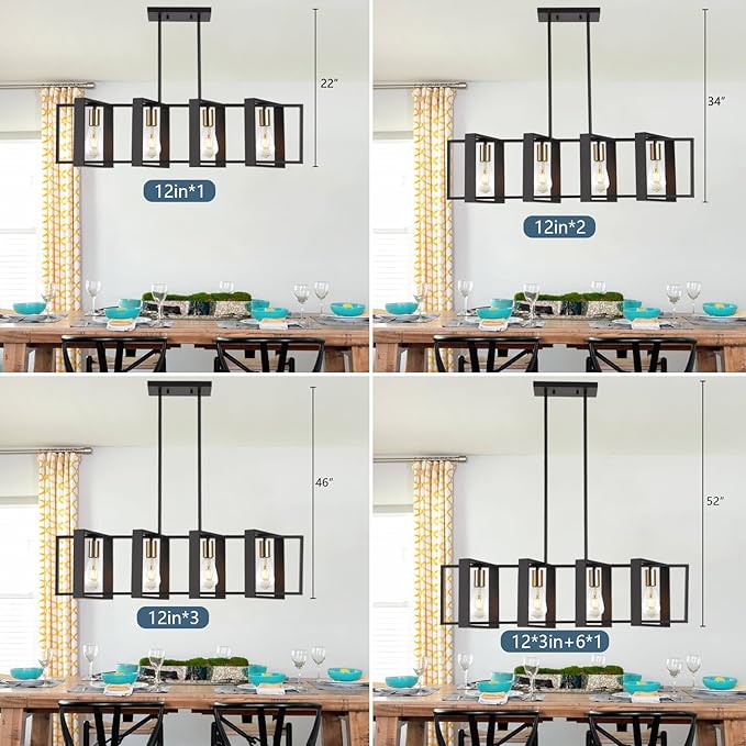 35.4" Kitchen Island Lighting Fixture, Dining Room 4 Lights Chandeliers, Black Wood+Metal Pendant Light for Foyer Hallway Living Room