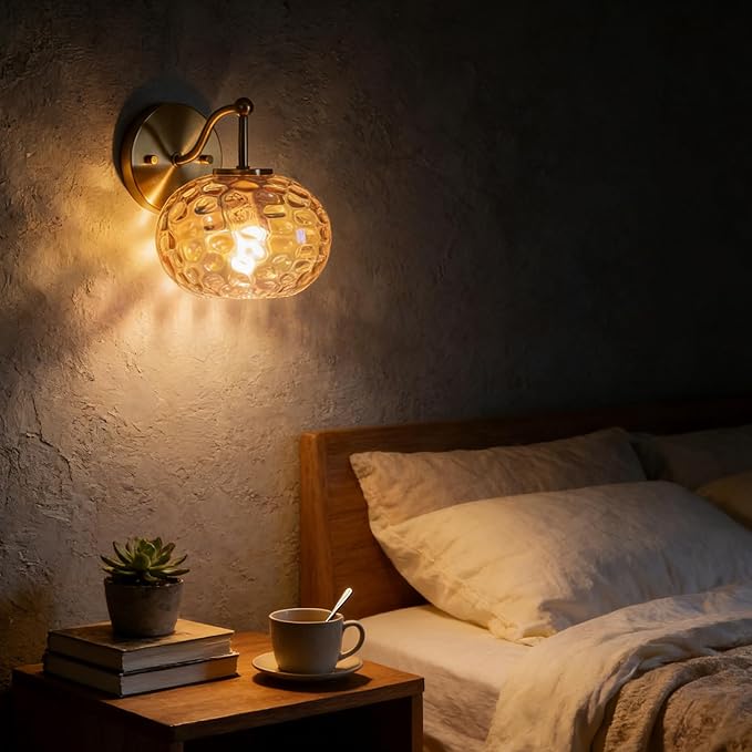 Modern Iridescent Glass Wall Sconce Gold Brass Wall Light Set of 2 Hammered Amber Glass Vanity Light for Bedroom Hallway Living Room Stairwell Bathroom Over Mirror