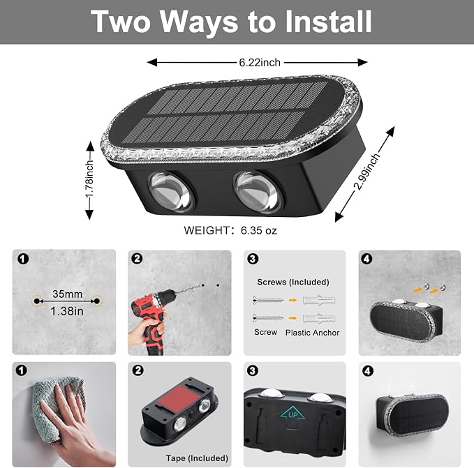 Ellasay Fence Lights Solar Powered: Outdoor LED Wall Lighting Dual Beam and 3 Color Modes IP65 Waterproof 12H Long Lasting Easy Mount for Garden Patio Backyard 4 Pack