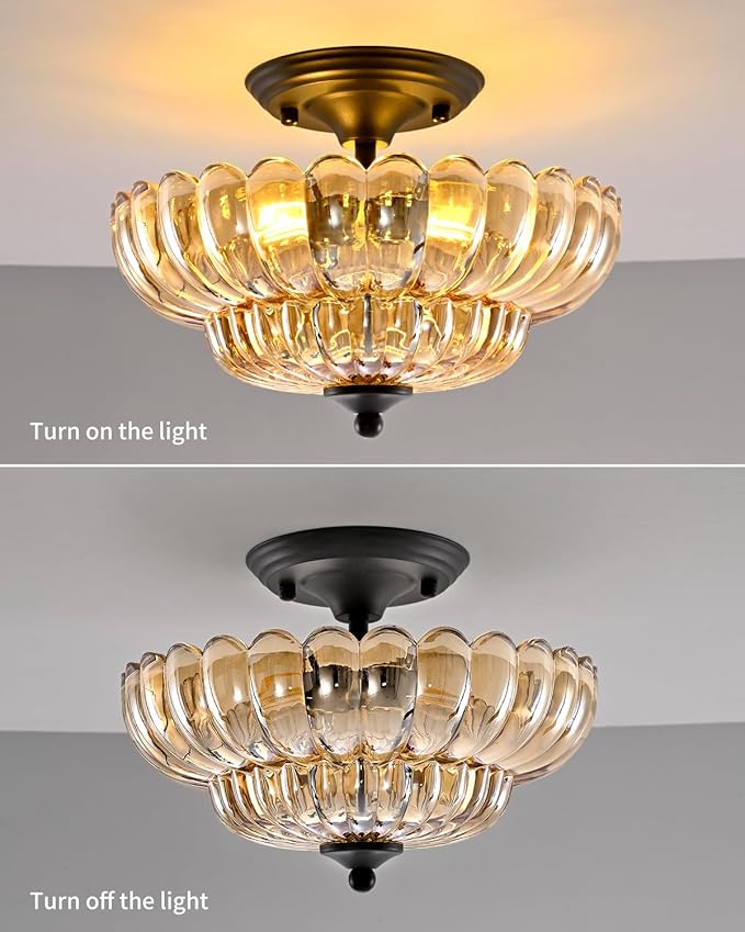 Black Semi Flush Mount Ceiling Light with Amber Glass Shades, 3-Light Modern Farmhouse Chandelier for Kitchen, Bathroom, Hallway, and Entryway