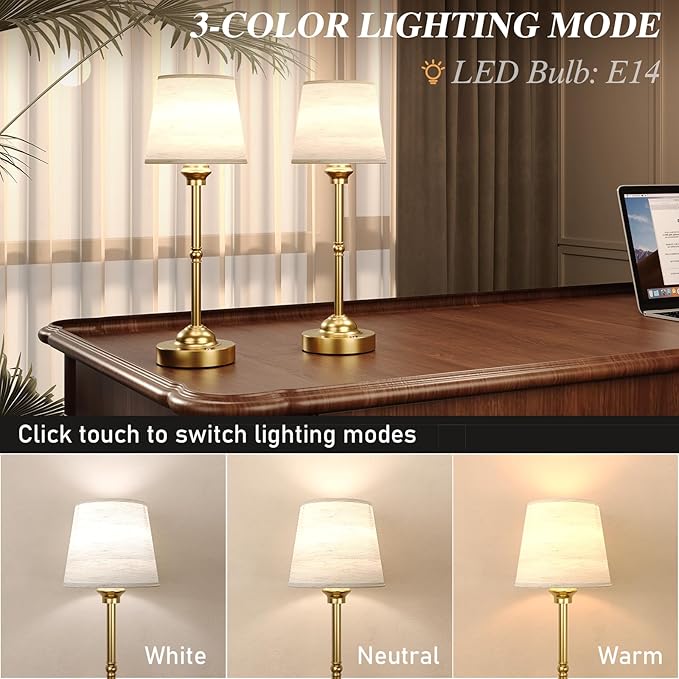 CHLORANTHUS Cordless Table Lamps, 3 Colors Stepless Dimming Fabric Desk Lamp, 6000mAh Rechargeable Battery LED Desk Lamp for Bedroom, Camping, Dining, Bar, Night Light, Desk, Cafe