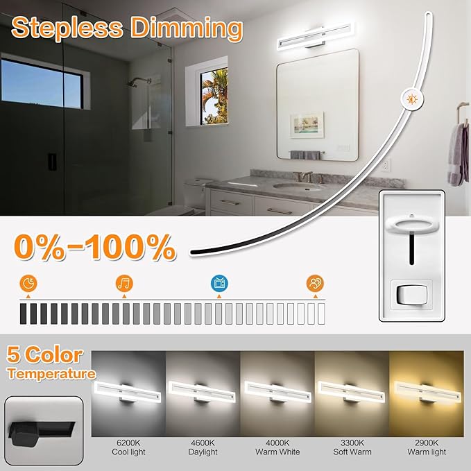 SOLFART Brushed Nickel Vanity Lights for Bathroom 5 Color Adjustable Dimmable 24 Inch Led Vanity Light 5CCT