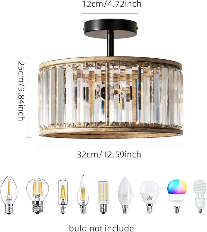 Veronie Crystal Ceiling Light Fixture,3 Light Crystal Semi Flush Mount Lighting Fixture,Round Small Hallway Ceiling Light for Entryway, Laundry Room, Kitchen, Bedroom, Foyer, Bathroom