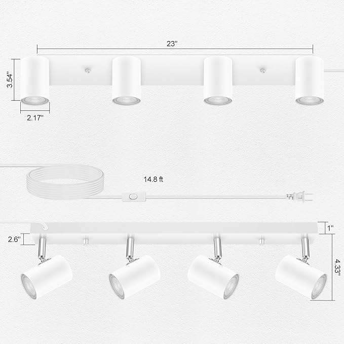 AUQUEE 4 Light Track Lighting Kit,White 4 Way Modern Plug in Ceiling Spotlight,Industrial LED Wall Light for Kitchen Cabinet Gallery Bar Hallway Living Room,Rocker Switch,15 Foot Cord(No Bulb)