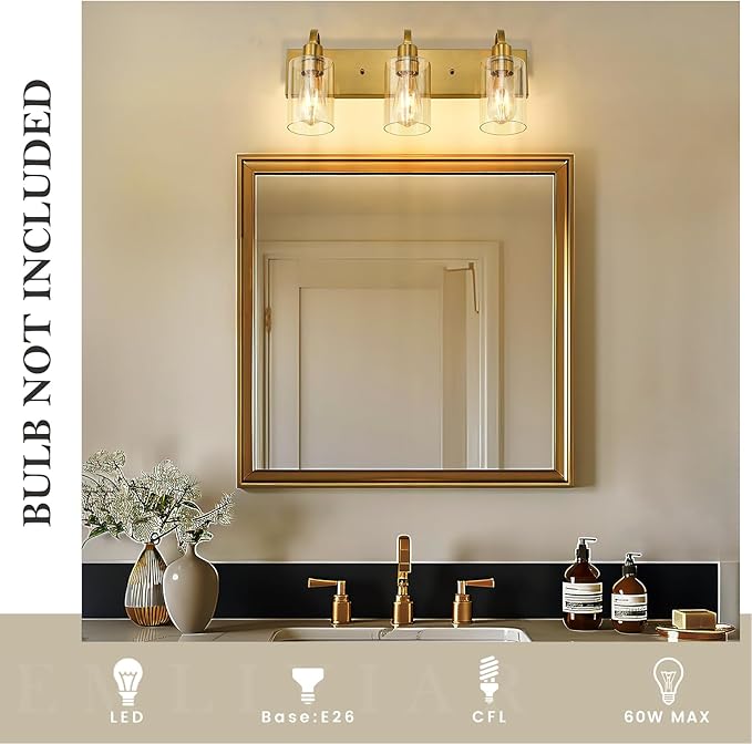 Emliviar 3-Light Vanity Lights for Bathroom, Brushed Gold Bathroom Light with Clear Glass Shade, YCE237B-3W BG