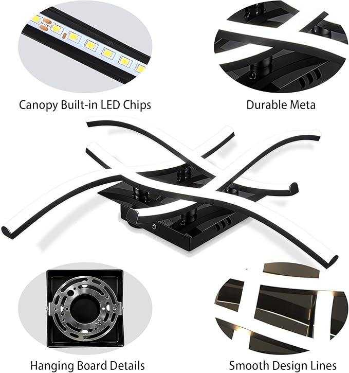 24W Modern LED Ceiling Light Fixture, 19.7Inch Curved Wave Ceiling Lamp with Remote & Timing Function for Bedroom, Kitchen, Hallway, Foyer Library Dining Room Black 6000K