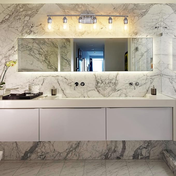 6-Light Bathroom Lighting Fixtures Over Mirror,Brushed Nickel Light Fixture Bathroom,Vanity Light with Clear Glass Shade,Modern Wall Lights for Mirror Bedroom Living Hallway