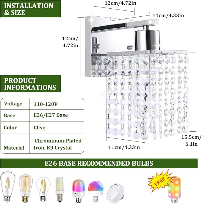 Shenmoyl Set of 2 Crystal Battery Operated Wall Sconce,Rechargeable Wall Lamp with 5200mAh Battery & Remote Control, Modern Dimmable Wireless Wall Lights for Bedroom Bathroom (Clear, Silver Base)