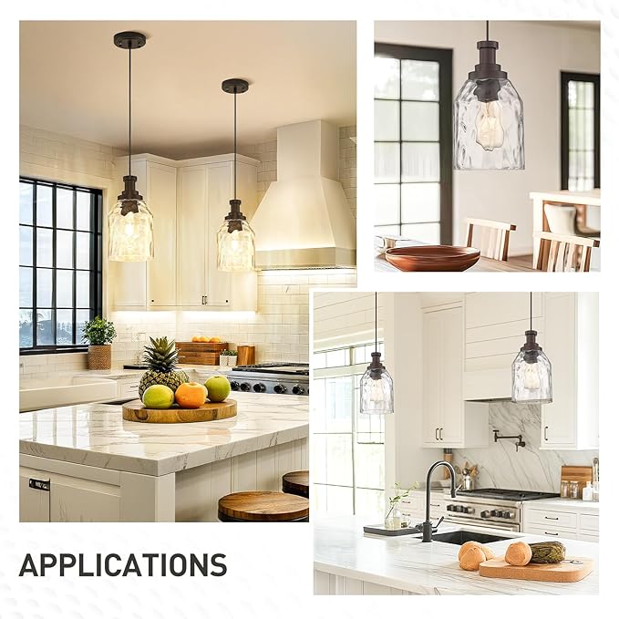 zeyu Modern Pendant Lights Kitchen Island 2 Pack, 1-Light Hanging Pendant Lighting for Dining Room, Water Ripple Glass Shade, Oil Rubbed Bronze Finish, ZG33M1L-2L ORB-WG