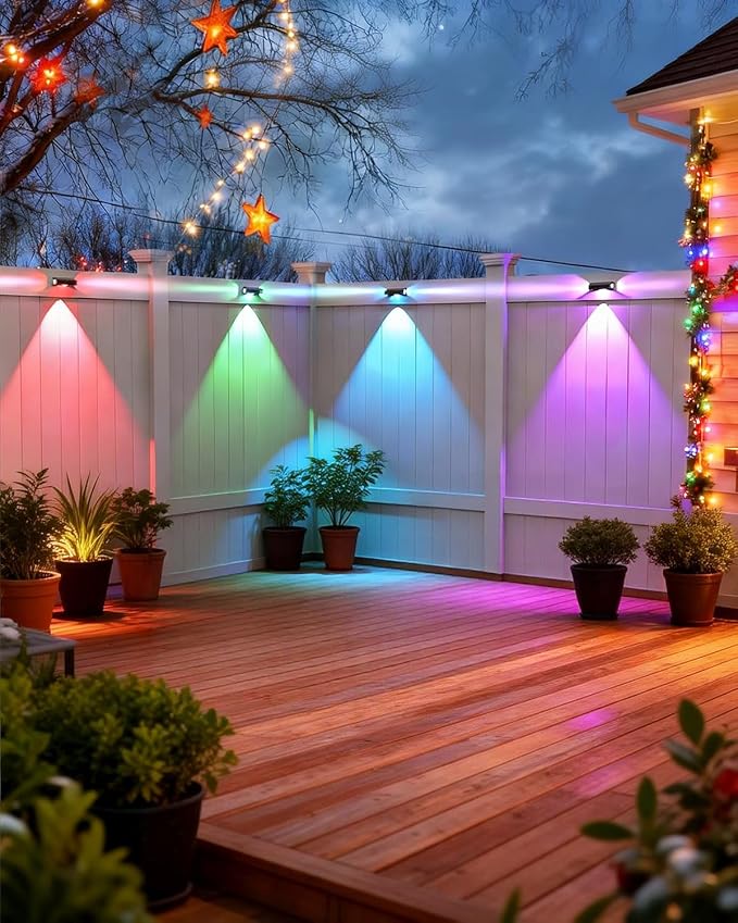 Solar Fence Lights Outdoor, 8 Pack 12 Mode RGB Color Changing & Warm/Cool White, Waterproof IP65 3-LED Dusk to Dawn Fence Lights Solar Powered for Wall, Railing, Patio, Step, Backyard, Outside