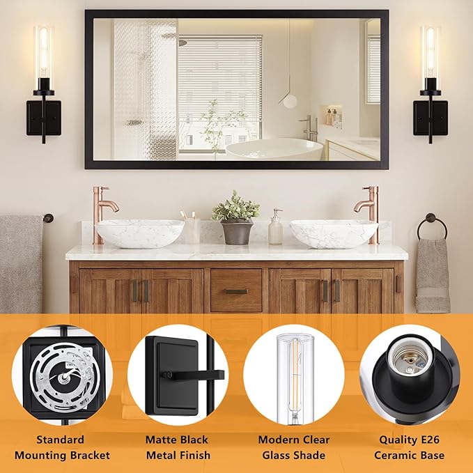Wall Sconces Set of Two, Matte Black Bathroom Sconces Wall Lighting with Clear Glass, Modern Sconces Wall Decor Set of 2 Hardwired Vanity Light fixtures for Mirror Living Room Hallway Bedroom