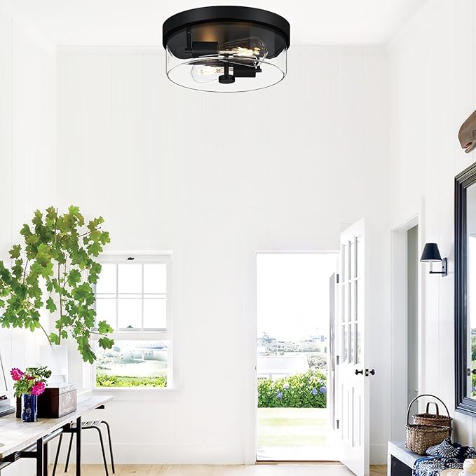 Flush Mount Ceiling Light Fixtures, 2-Light Black Ceiling Mount for Farmhouse with Clear Glass Lampshade, Industrial Flush Mount Light Fixture for Hallway, Kitchen, Entryway and Foyer