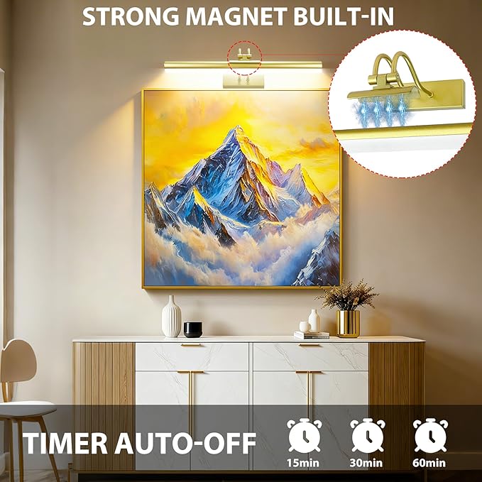 RAIFOOLLY Picture Light,Magnetic Wall Light,16inch Art Light,5000mAh Battery Accent Light with Remote Timer and Dimmable for Painting, Frame, Portrait, Artwork - Gold