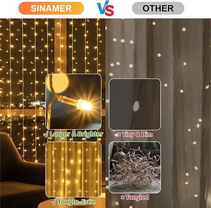 Curtain Light for Bedroom, 200LED 6.6x6.6ft Warm White Window Wall Hanging Fairy Curtain String Light, 8 Modes Remote Fairy String Lights Indoor for Wedding Party Home Garden Decorations