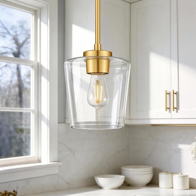 2-Pack Pendant Lights Kitchen Island, 8" Brushed Gold Hanging Lights Fixtures with Clear Glass Shade, Modern Kitchen Pendant Lighting Over Island for Dining Room, AD-22004-1P2L-GD-C
