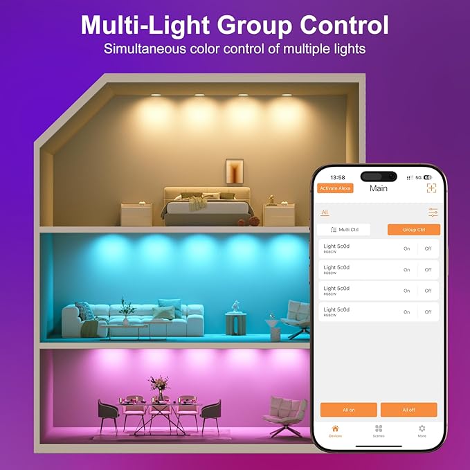 Smart Recessed Lighting, 5/6 inch, Compatible with Alexa, Smart LED Downlight, ‎13W 1050LM Led Lights, Smart Can Lights Multicolor APP Dimmable, 4-Pack