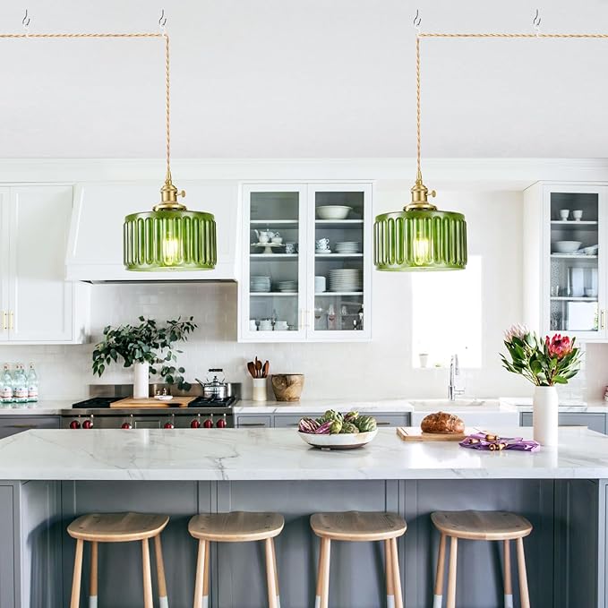 Plug in Pendant Light, Hanging Lights with Plug in Cord, Hanging Light Fixture with Clear Glass, E26 Pendant Lighting for Kitchen Island, Bedroom, Dining Room, Living Room-Green