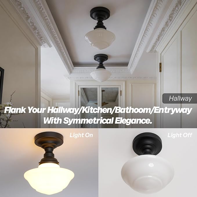 Modern Schoolhouse Semi Flush Mount Ceiling Light with Milk White Glass Lampshade, Industrial Close to Ceiling Light Fixture for Farmhouse Bedroom Hallway Entryway