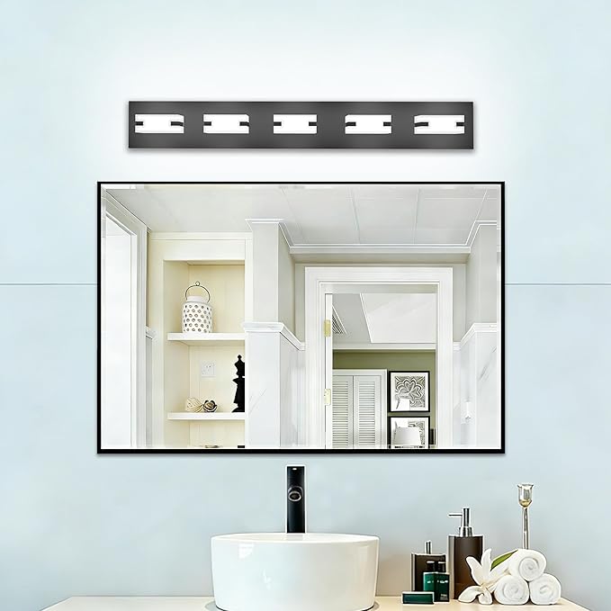 LED Bathroom Light Fixtures, 5-Light Modern Vanity Lights with Milky White Frosted Acrylic Shades, Matte Black Bathroom Lighting Fixtures Over Mirror, ETL Listed, 35W 5CCT Adjustable
