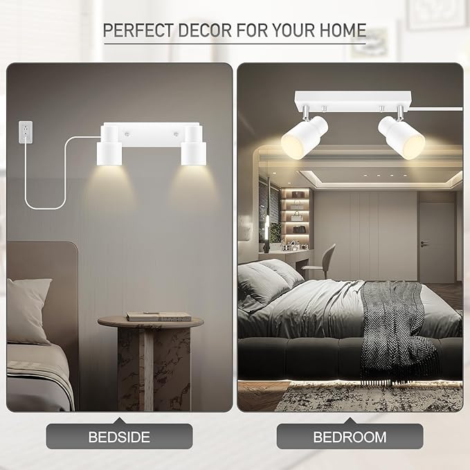 Plug in Track Lighting Fixtures Ceiling, White Track Light LED, 2-Light Track Lights with Cord, 2 Way Ceiling Spotlight, Rocker Switch, Rotatable Wall Mount Light for Kitchen/Bedroom,Bulb Not Included